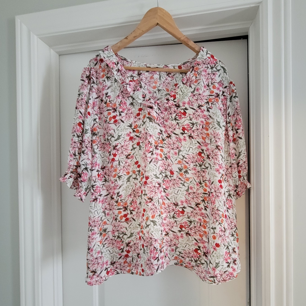 Pink and Red Ruffled 3/4 Sleeve Blouse